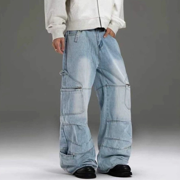 Multi-pocket wide denim pants