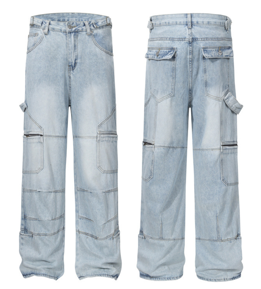 Multi-pocket wide denim pants