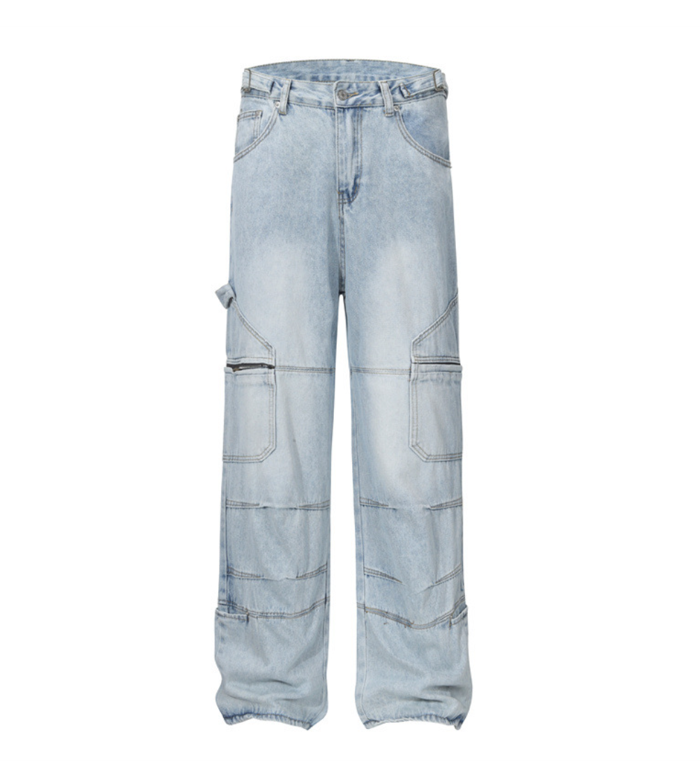 Multi-pocket wide denim pants