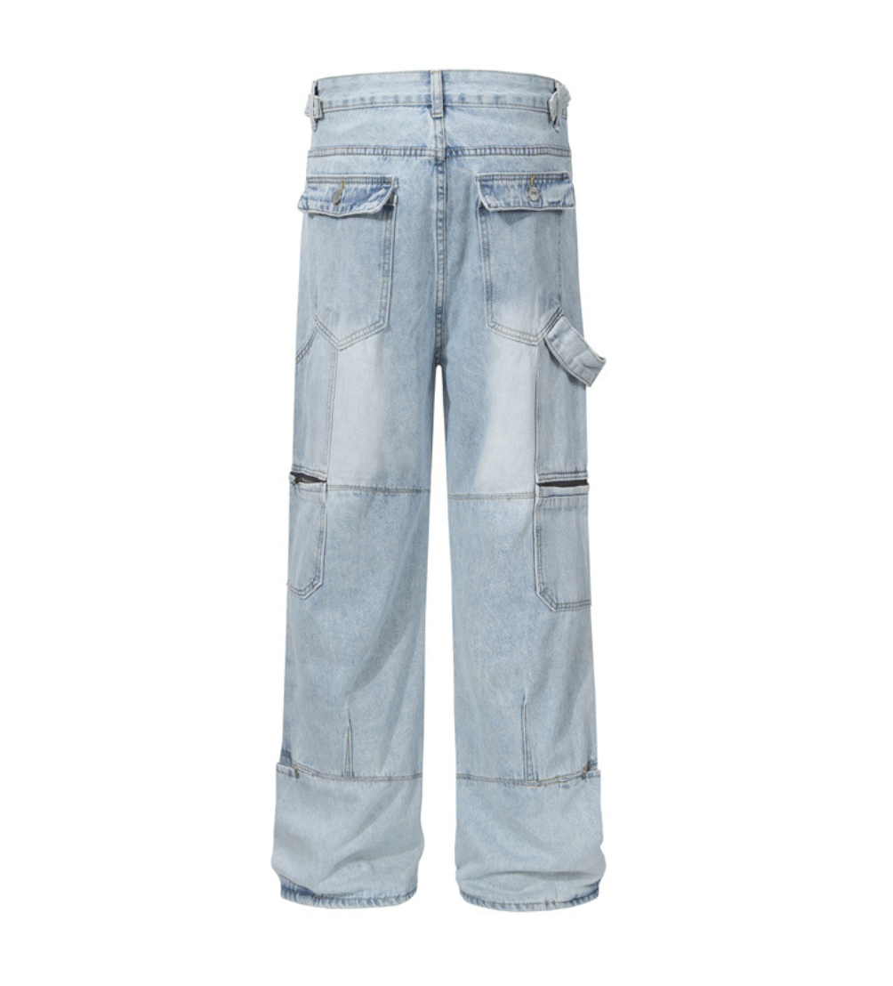 Multi-pocket wide denim pants