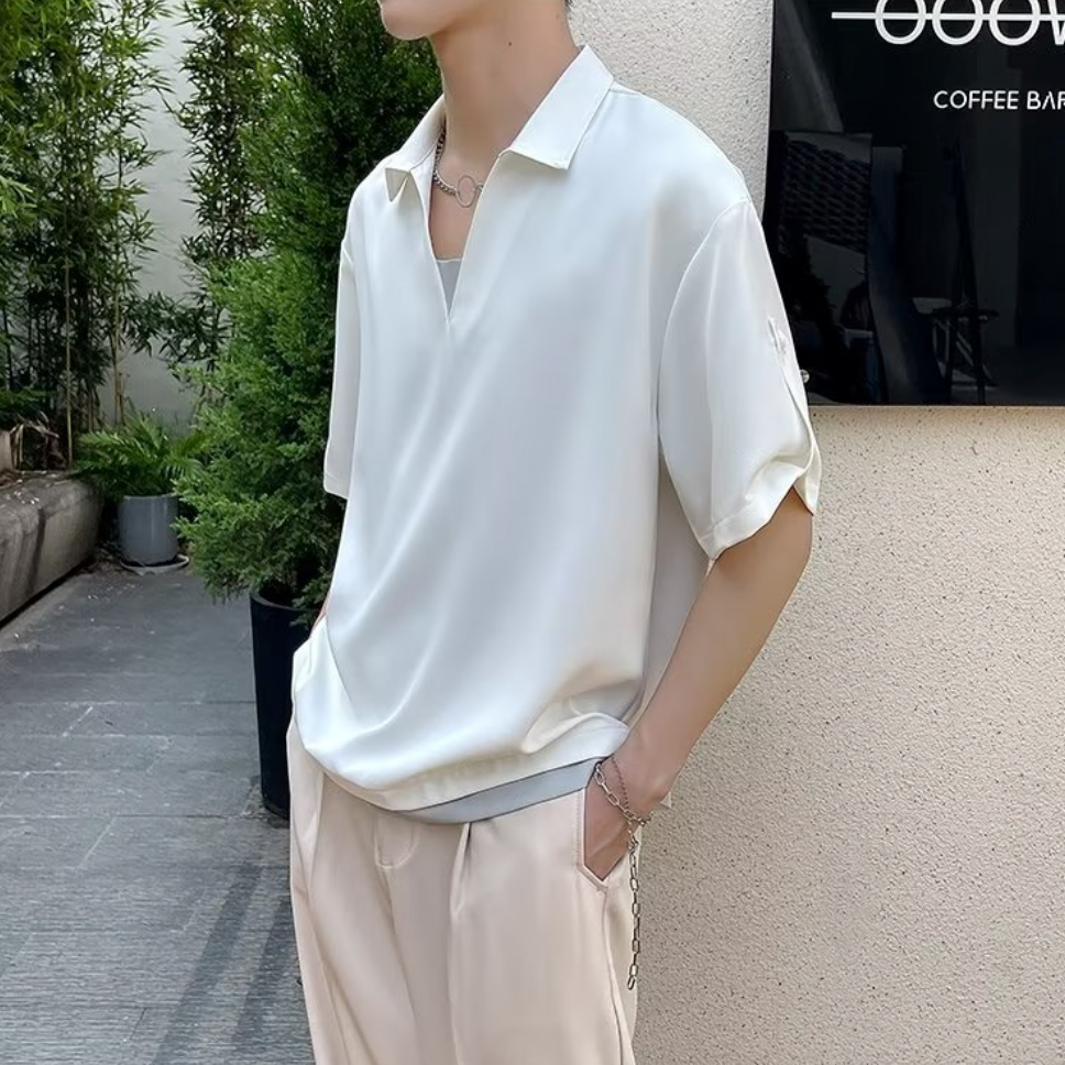 Fake two-piece striped V-neck short sleeve polo shirt