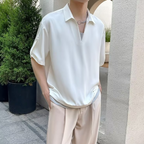 Fake two-piece striped V-neck short sleeve polo shirt