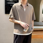 Fake two-piece striped V-neck short sleeve polo shirt