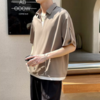 Fake two-piece striped V-neck short sleeve polo shirt