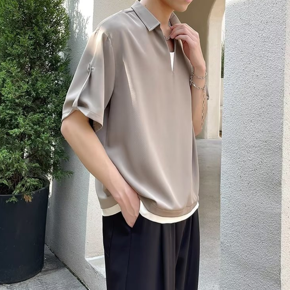 Fake two-piece striped V-neck short sleeve polo shirt