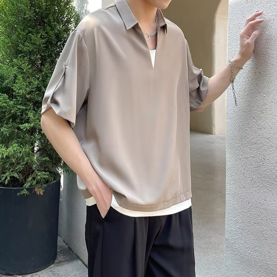 Fake two-piece striped V-neck short sleeve polo shirt