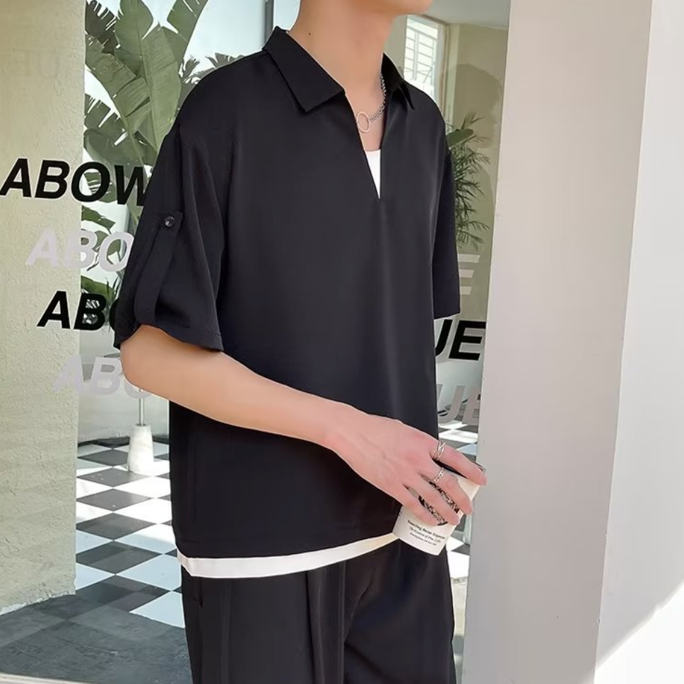 Fake two-piece striped V-neck short sleeve polo shirt