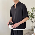 Fake two-piece striped V-neck short sleeve polo shirt