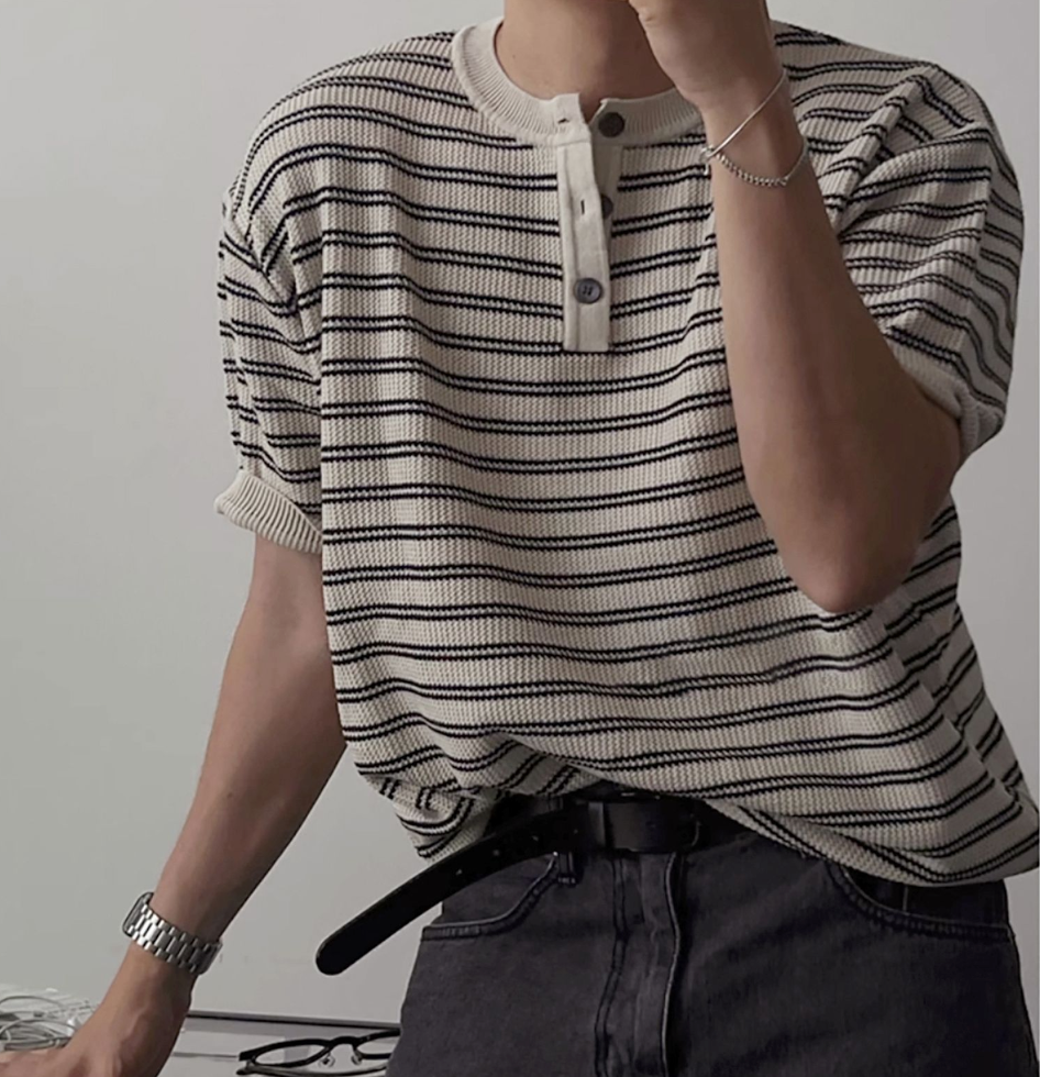 ヘンリーカラーストライプTシャツ メンズ｜Henry Stripe TEE
