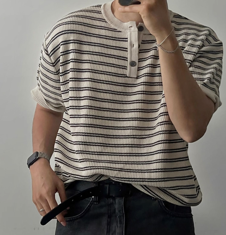 ヘンリーカラーストライプTシャツ メンズ｜Henry Stripe TEE