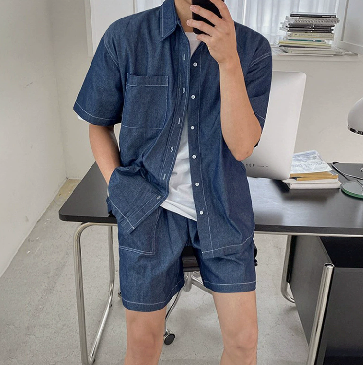Short -sleeved denim shirt shorts set