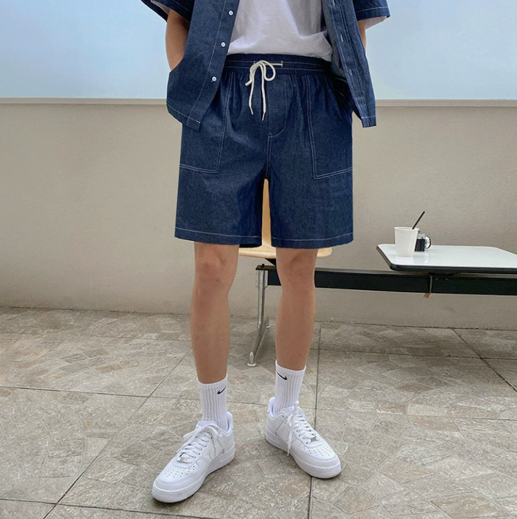Short -sleeved denim shirt shorts set