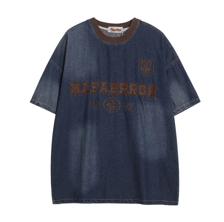 Denim embroidery short sleeve T-shirt