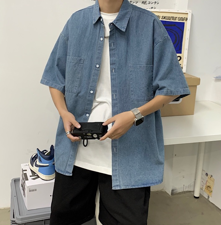Oversized denim short sleeve jacket