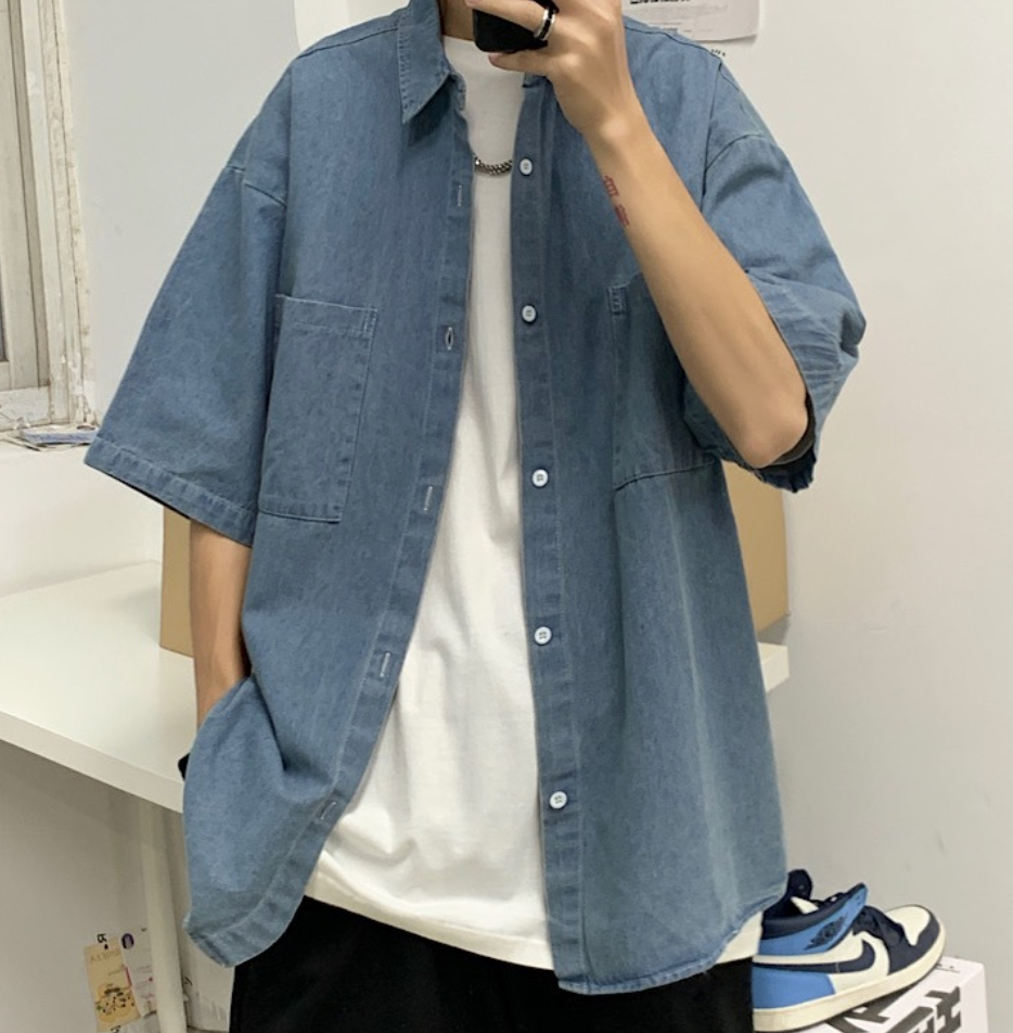 Oversized denim short sleeve jacket