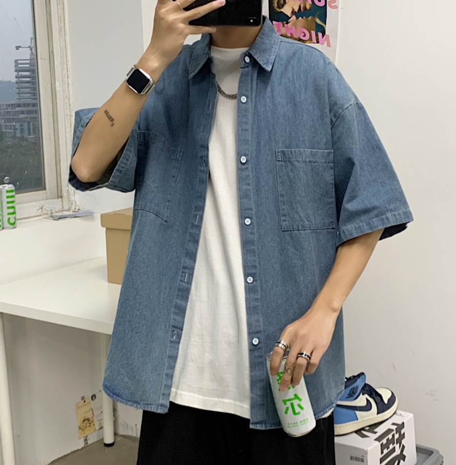 Oversized denim short sleeve jacket