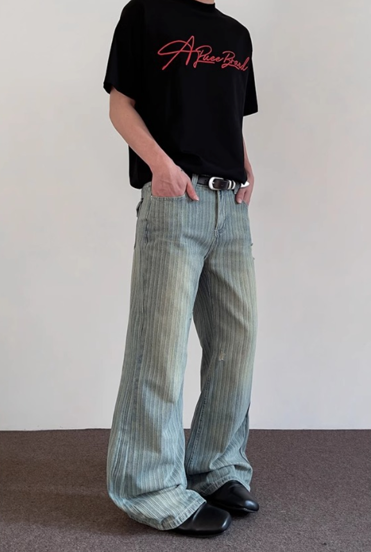 Striped Damaged Denim Pants