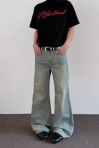 Striped Damaged Denim Pants