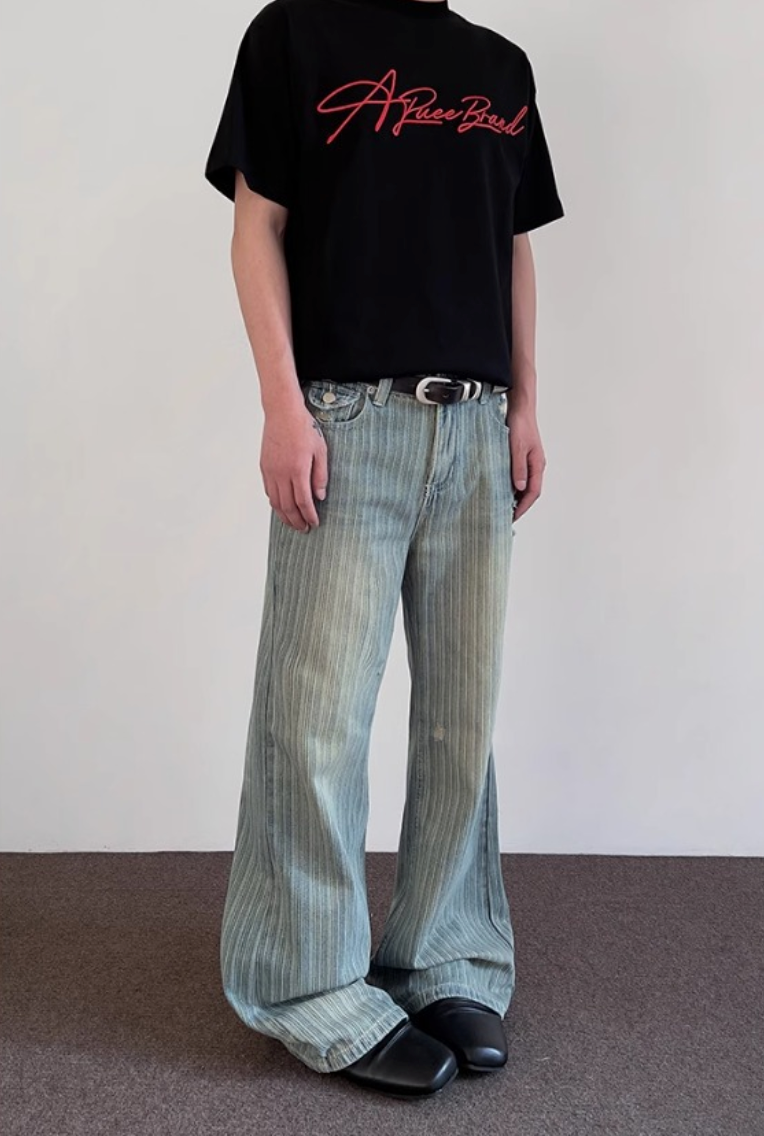Striped Damaged Denim Pants