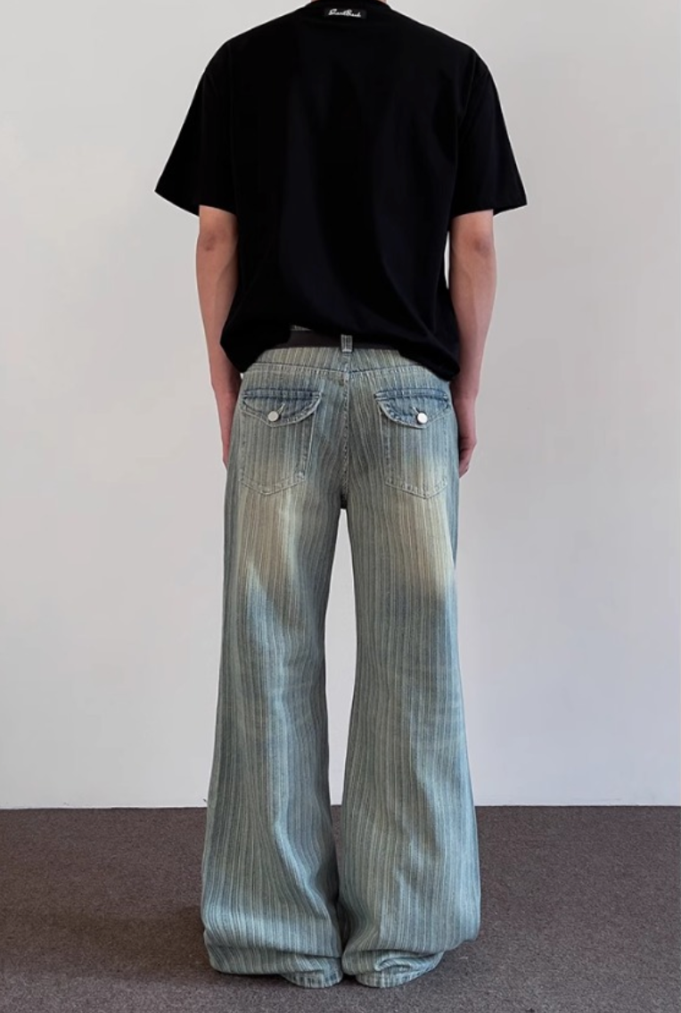 Striped Damaged Denim Pants