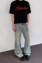 Striped Damaged Denim Pants