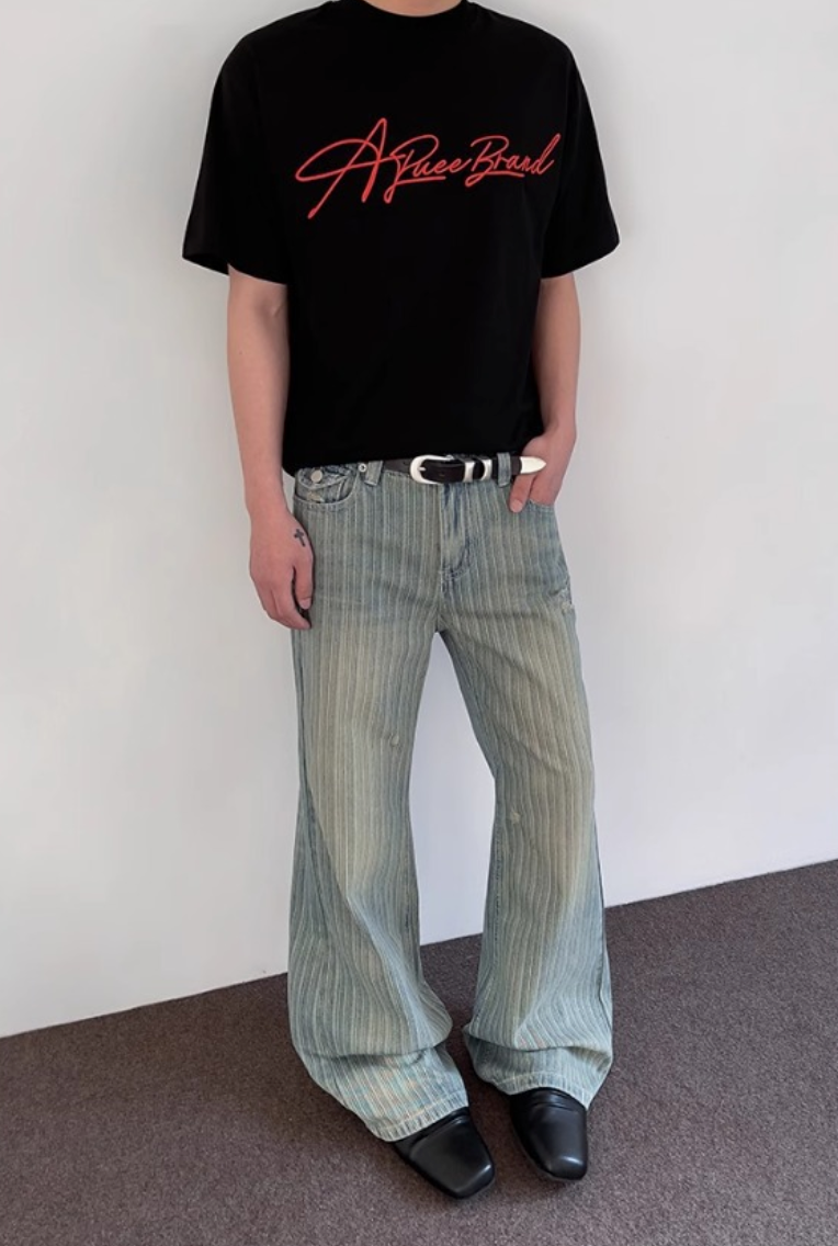 Striped Damaged Denim Pants
