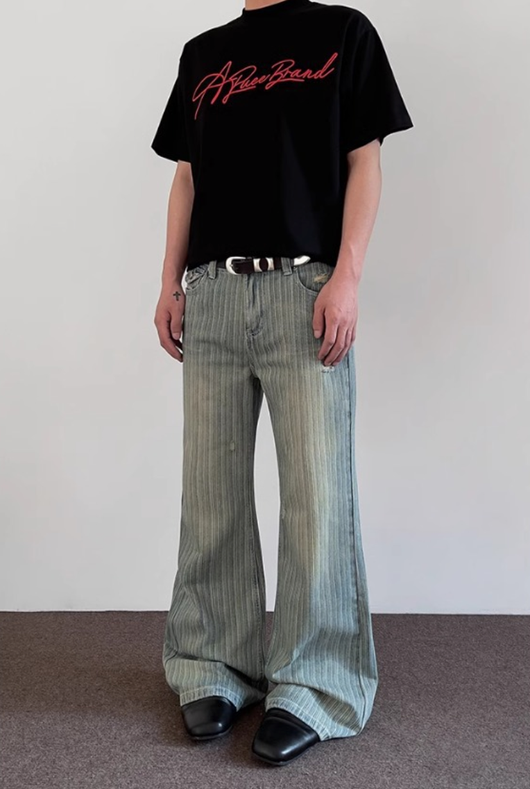 Striped Damaged Denim Pants