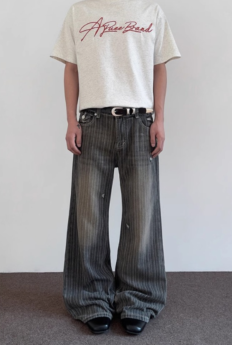 Striped Damaged Denim Pants