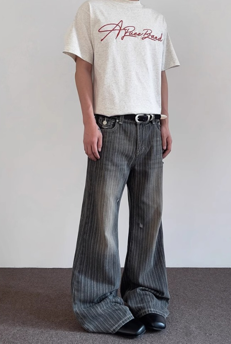 Striped Damaged Denim Pants