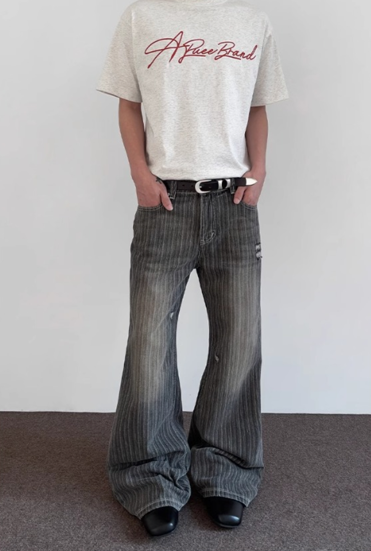 Striped Damaged Denim Pants