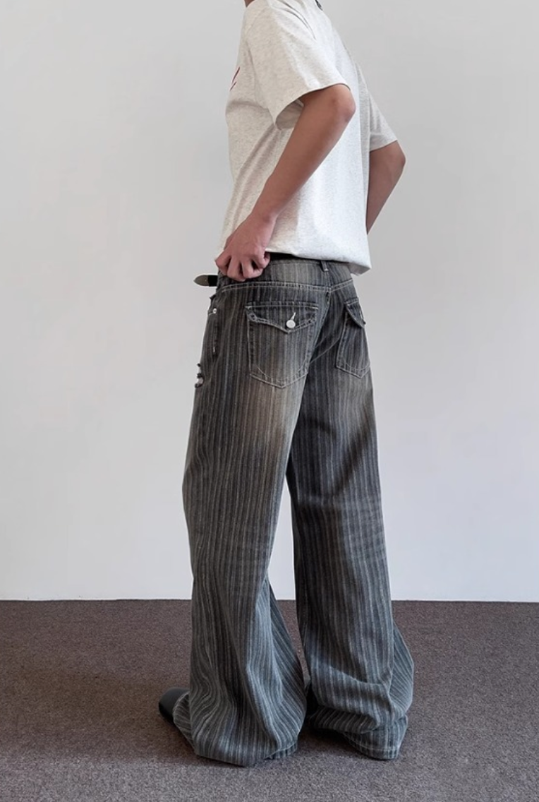 Striped Damaged Denim Pants
