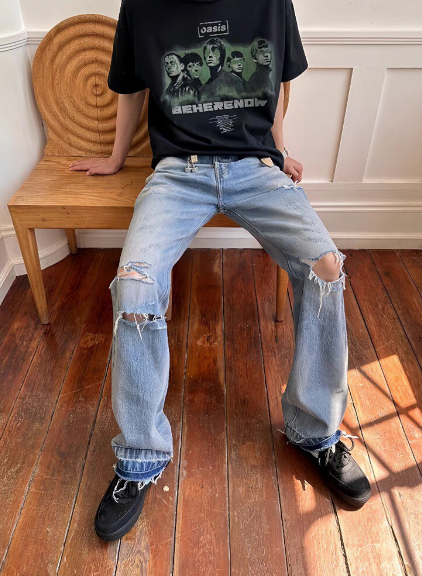 Distressed straight denim pants