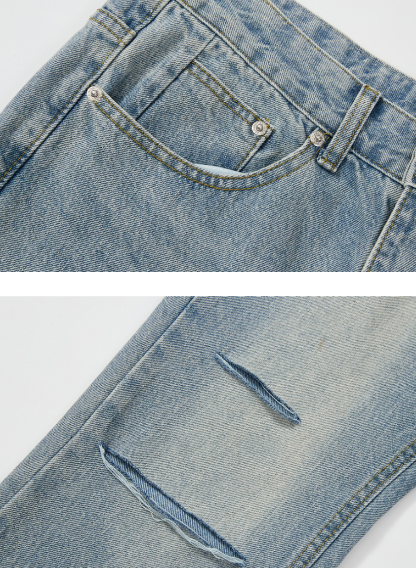 Distressed straight denim pants