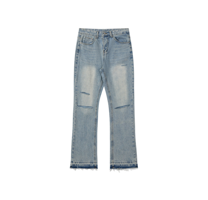 Distressed straight denim pants