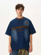 Denim embroidery short sleeve T-shirt