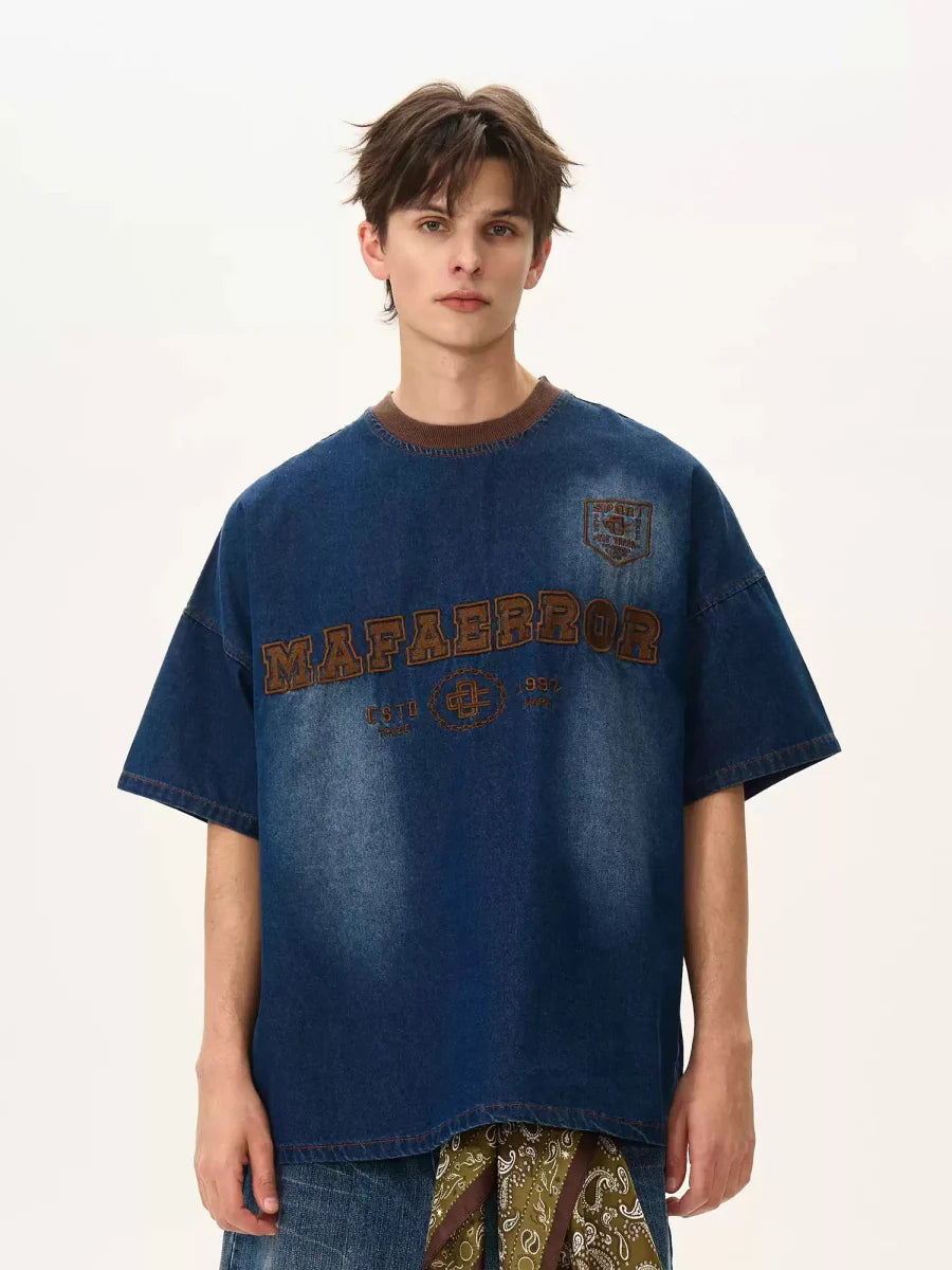 Denim embroidery short sleeve T-shirt