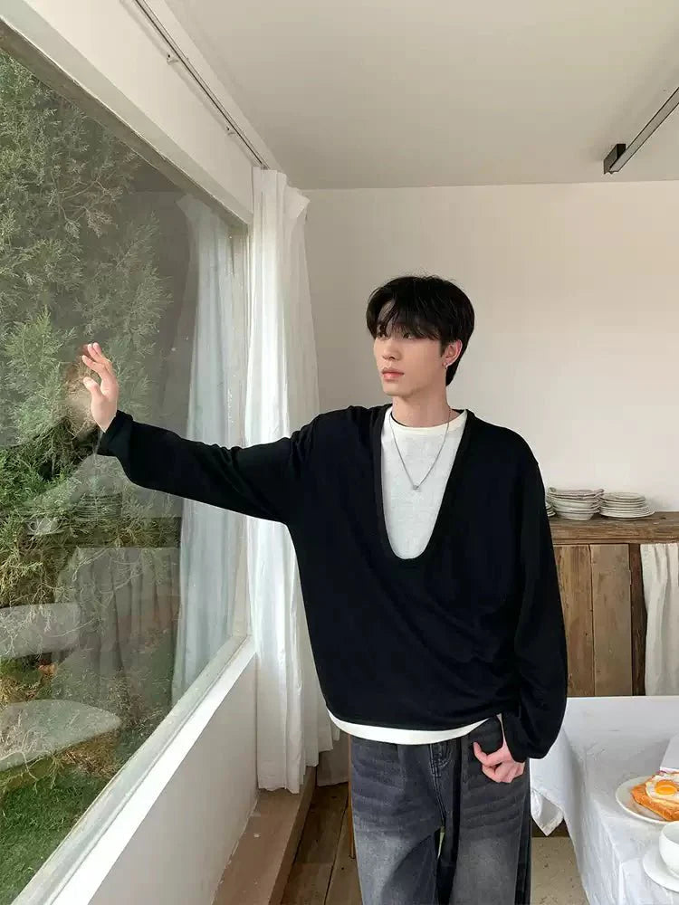 Fake two-piece round neck long T