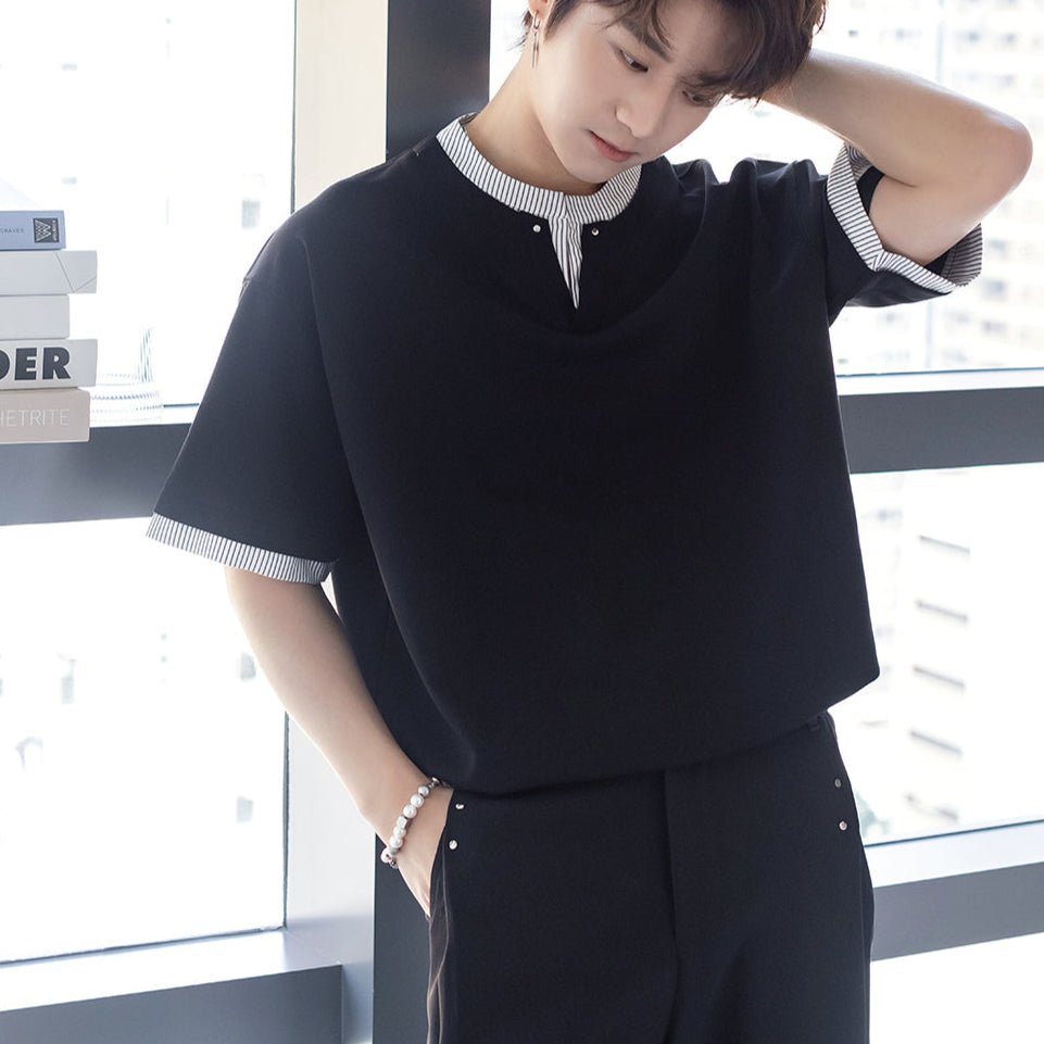 Fake two-piece V-neck T-shirt