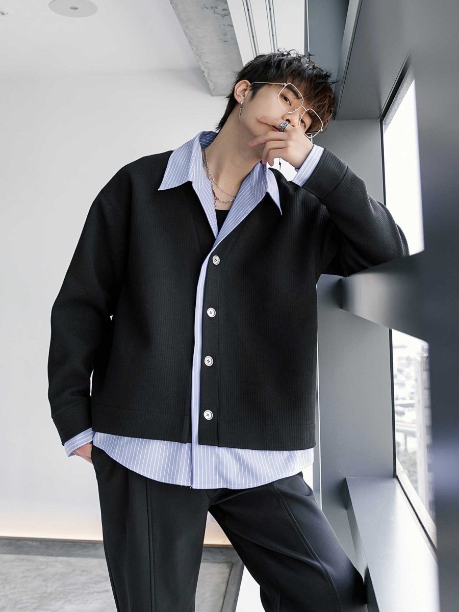 Faux layered shirt cardigan