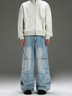 Multi-pocket wide denim pants