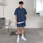 Short -sleeved denim shirt shorts set